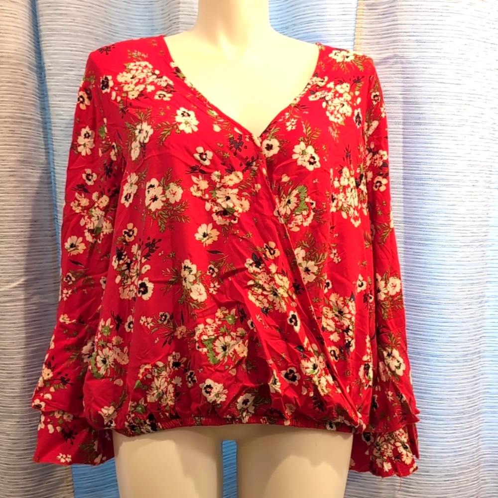 Red Floral Blouse With Bell Sleeves - 3X